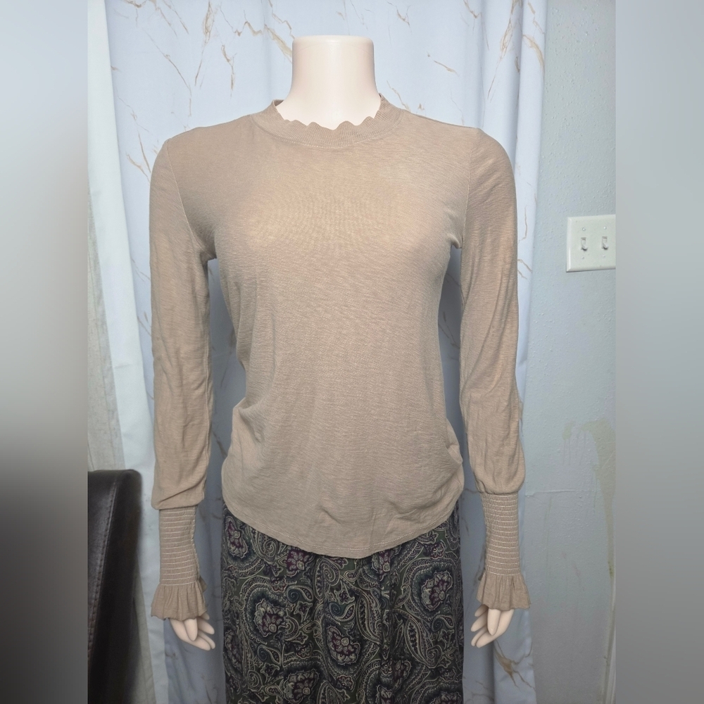 Women's Long Sleeve Ruffle Neck Top in Beige